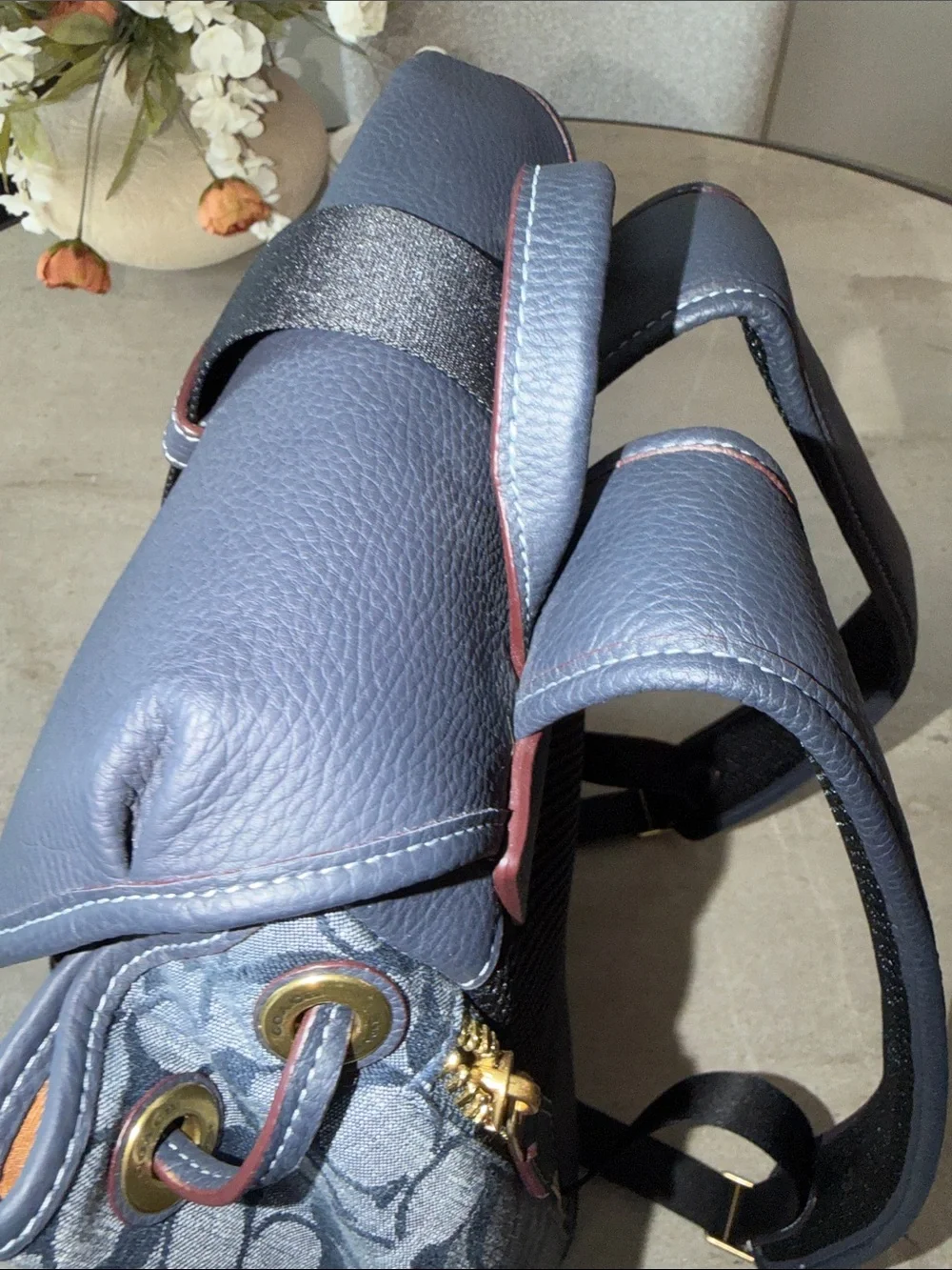 Coach Navy Signature Denim Canvas Backpack with Leather Trim